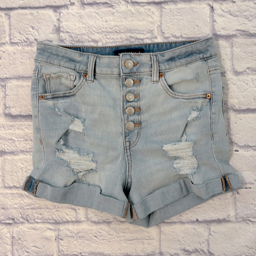 Aeropostale Super High Rise Midi Jean Shorts Button Fly Cuffed Hem Shorts Size 8